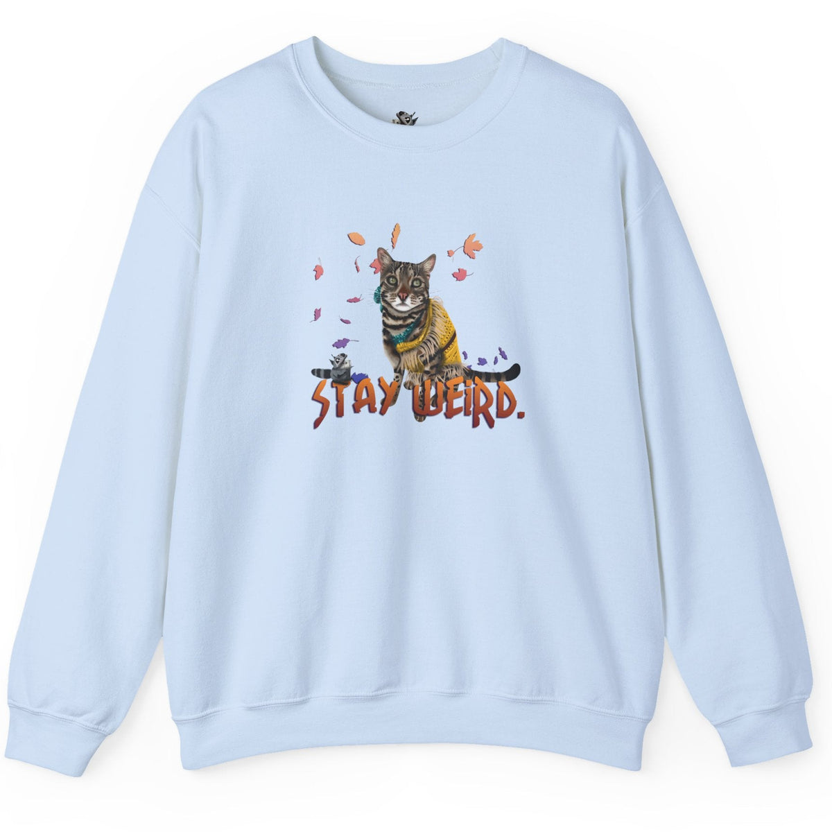 Stay Weird Sweatshirt Hand-Drawn Flounder & Mouse Toy Hug Crewneck, shown in Light Blue