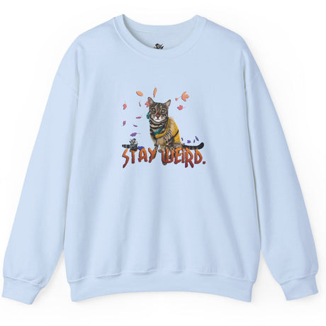 Stay Weird Sweatshirt Hand-Drawn Flounder & Mouse Toy Hug Crewneck, shown in Light Blue