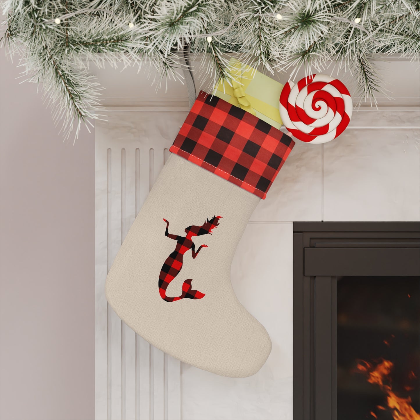 Red & Black Mermaid Christmas Stocking – Festive Burlap Accent