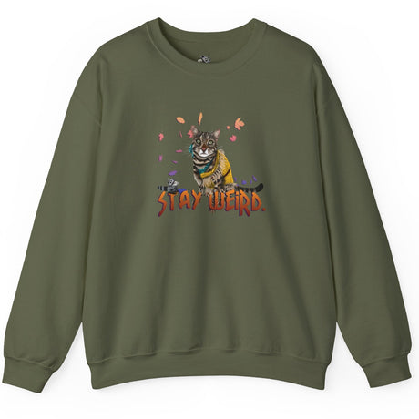 Stay Weird Sweatshirt Hand-Drawn Flounder & Mouse Toy Hug Crewneck, shown in Military Green