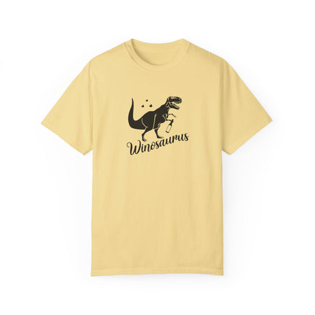 Wineosaurus t-shirt in butter with a T-rex holding a wine glass