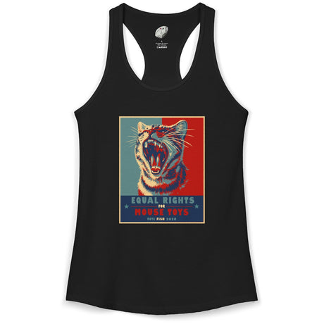 Vote Fish 2028 Racerback Tank - "Equal Rights for Mouse Toys" Purrmaid Funny Campaign, shown in Solid Black
