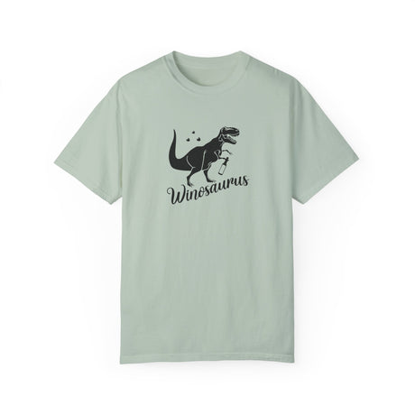 Wineosaurus t-shirt in bay with a T-rex holding a wine glass