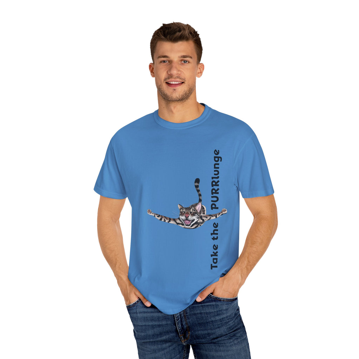 Purr-lunge Unisex T-shirt with Flounder the Purrmaid Design