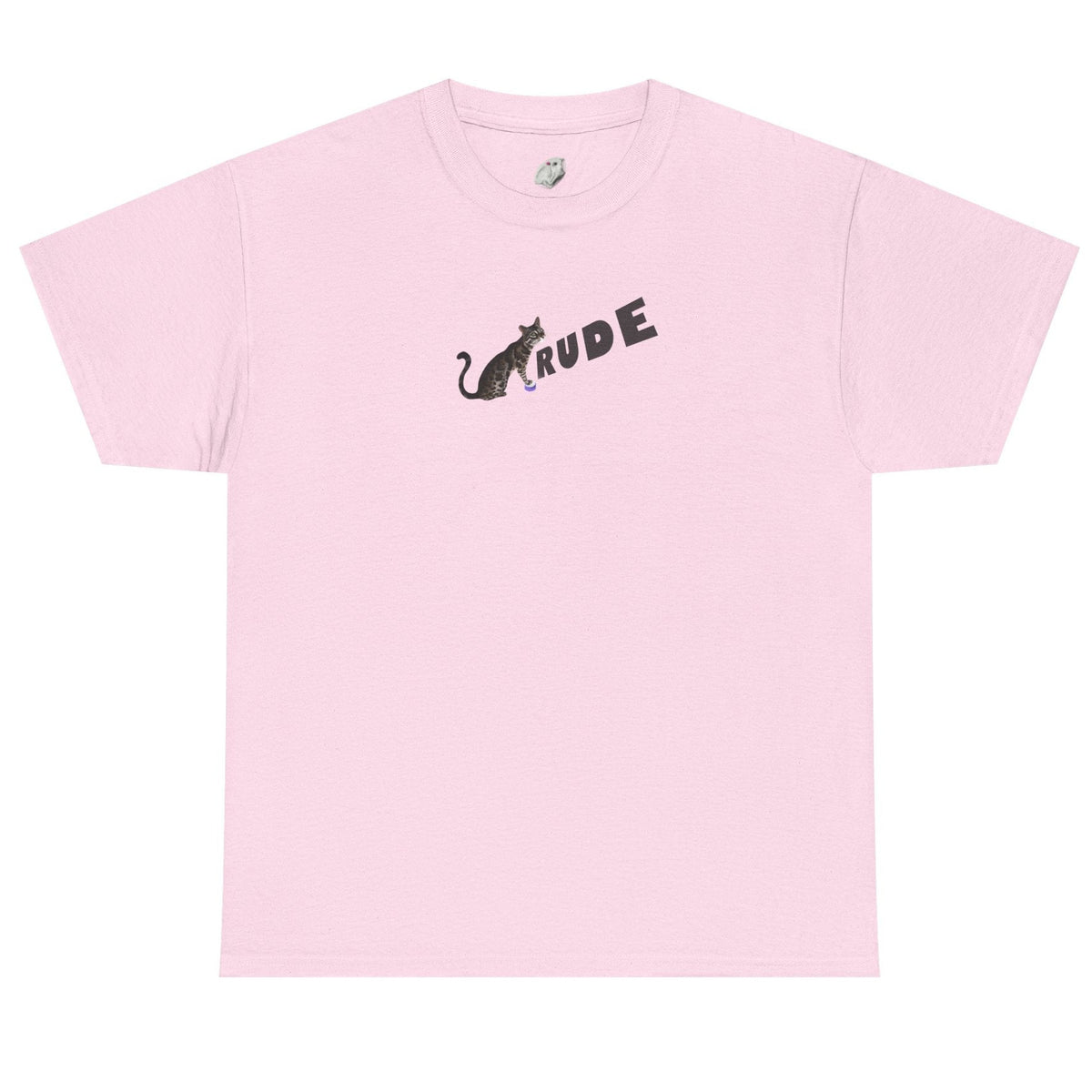 Flounder 'RUDE' Button Tee - Flounder the Eye-Rolling Cat T-Shirt, shown in Light Pink