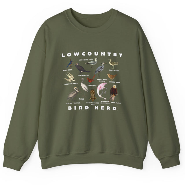 Lowcountry Bird Nerd crewneck sweatshirt in military green