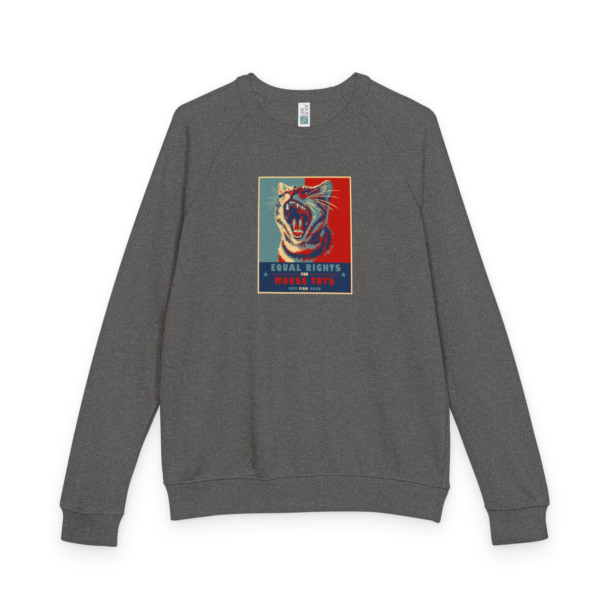 Vote Fish 2028 Raglan Crewneck — Funny 'Equal Rights for Mouse Toys' Flounder Design