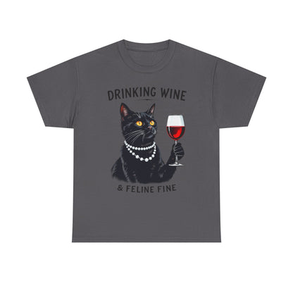 Black Cat Drinking Wine & Feline Fine Cotton Tee