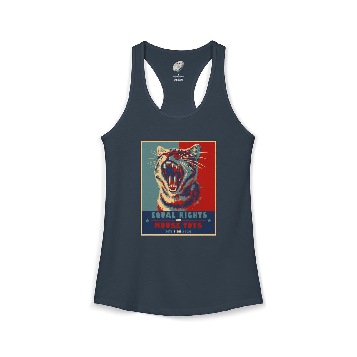 Vote Fish 2028 Racerback Tank — "Equal Rights for Mouse Toys" Purrmaid Funny Campaign