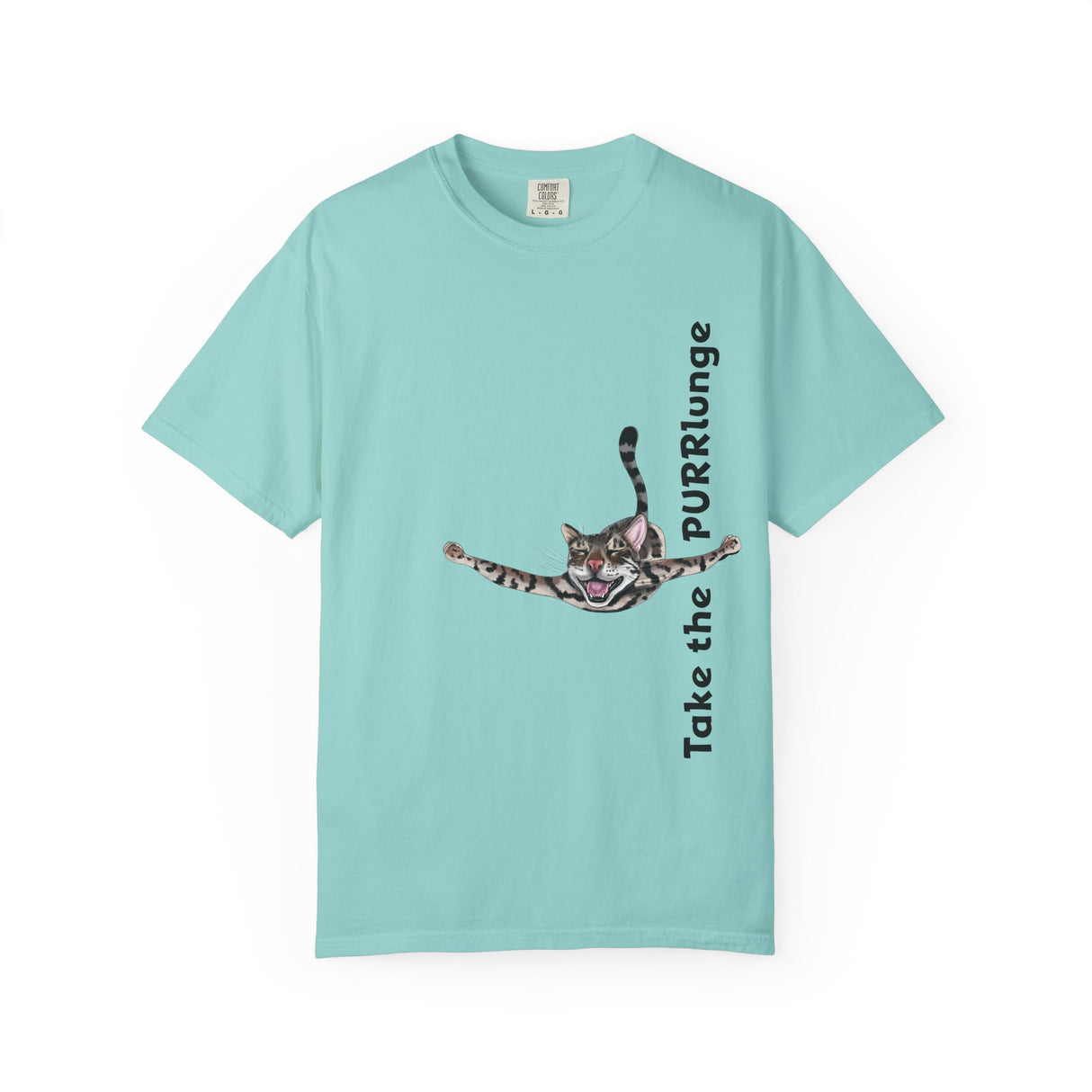 Purr-lunge Unisex T-shirt with Flounder the Purrmaid Design