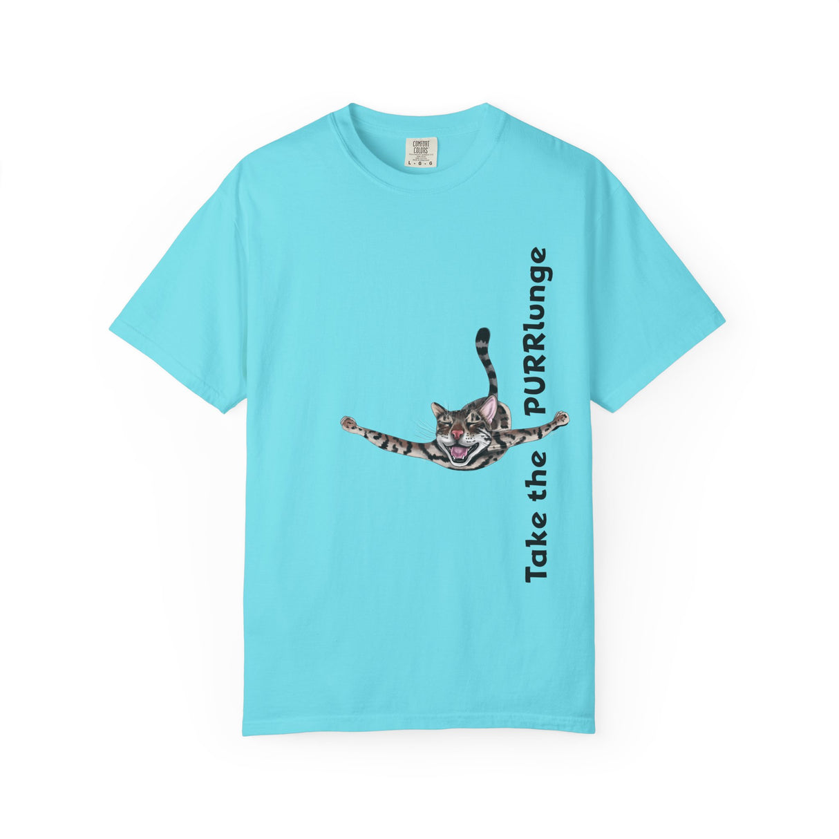 Purr-lunge Unisex T-shirt with Flounder the Purrmaid Design
