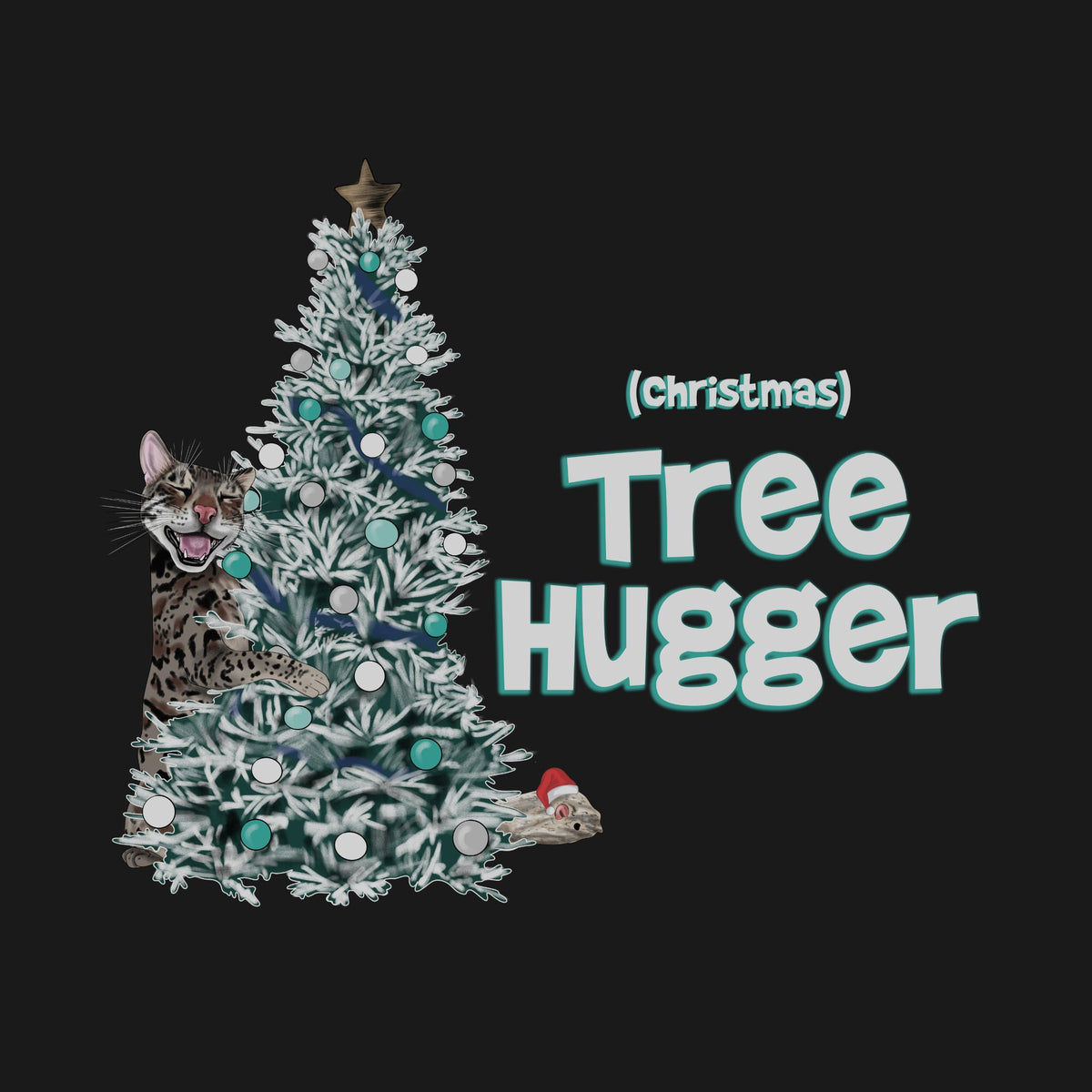 close up of the tree hugger design - a cat hugging a Christmas tree