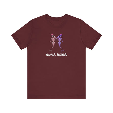 Never Better mermaid skeletons wine tee in maroon