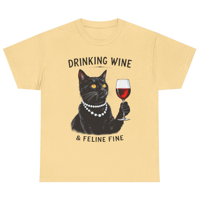 Black cat drinking wine Feline Fine cotton tee in yellow haze