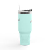 40oz Insulated Travel Mug — Flounder Pressing 'RUDE' Button (Hand-Drawn)