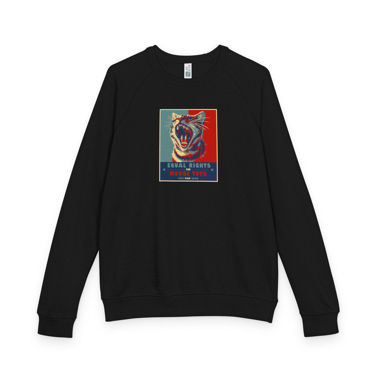 Vote Fish 2028 Raglan Crewneck — Funny 'Equal Rights for Mouse Toys' Flounder Design