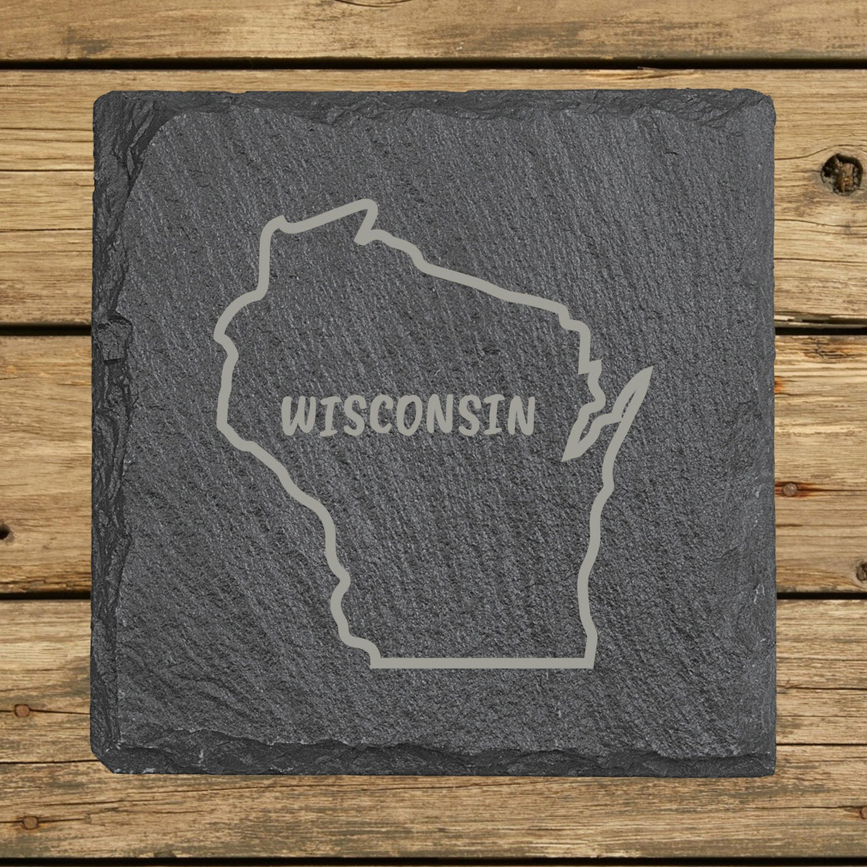 Wisconsin Slate Coaster Set – Engraved Natural Stone (Set of 4)