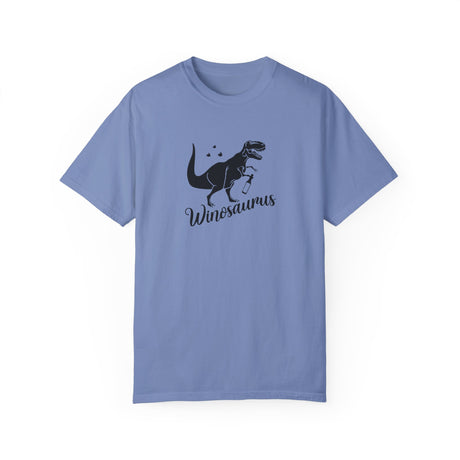 Wineosaurus t-shirt in washed denim with a T-rex holding a wine glass