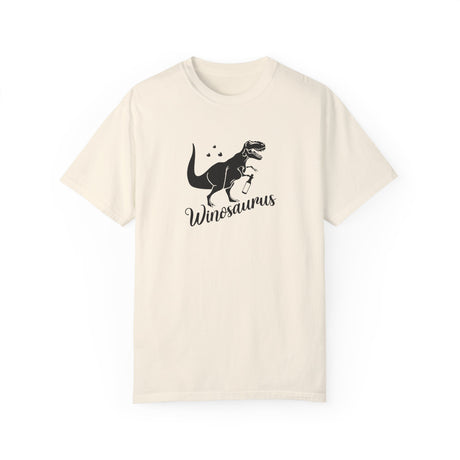 Wineosaurus t-shirt in ivory with a T-rex holding a wine glass