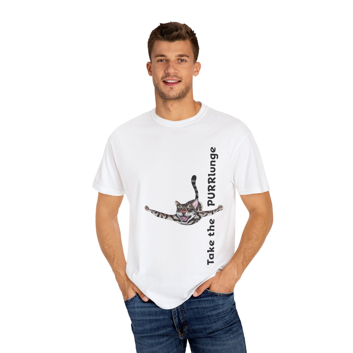 Purr-lunge Unisex T-shirt with Flounder the Purrmaid Design