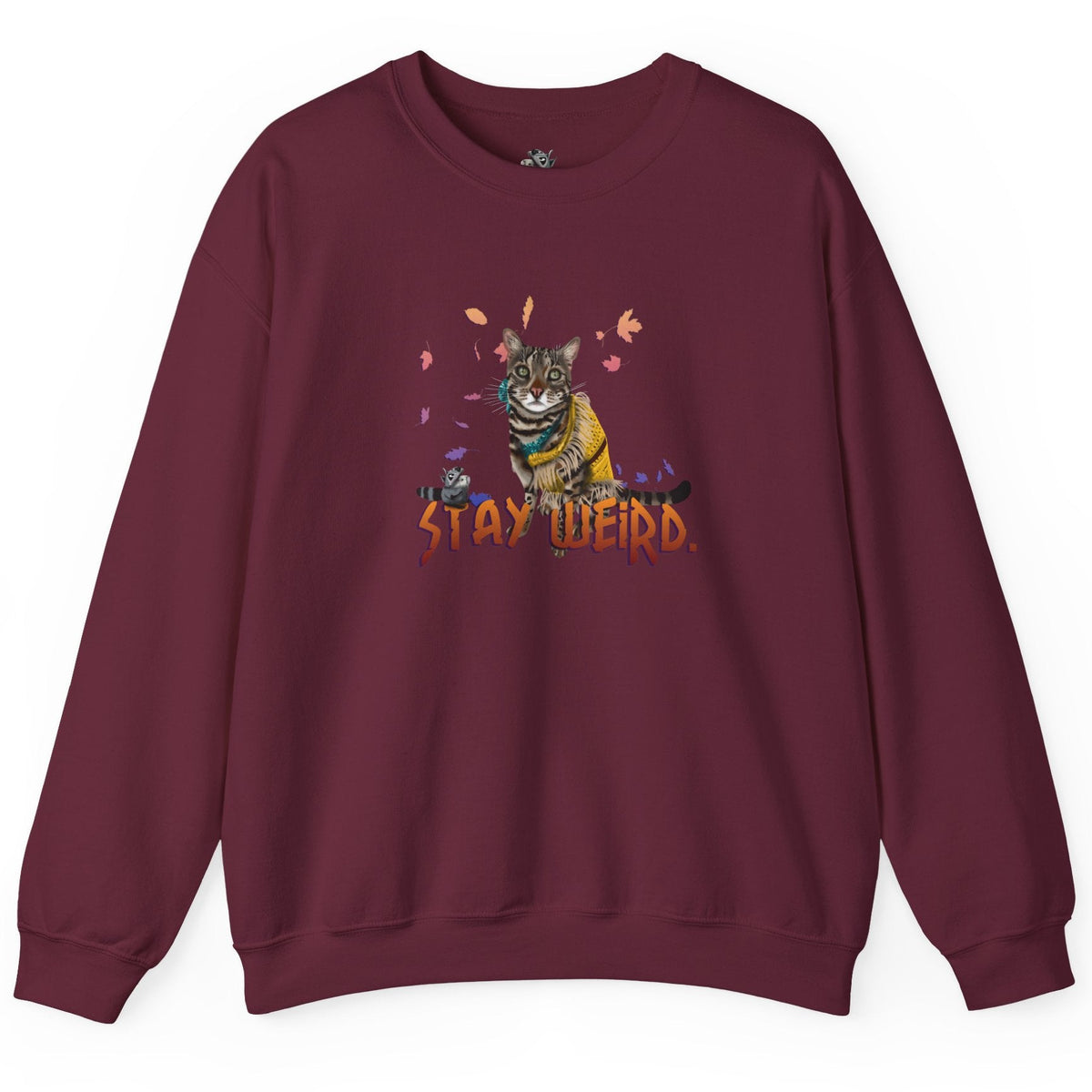 Stay Weird Sweatshirt Hand-Drawn Flounder & Mouse Toy Hug Crewneck, shown in Maroon