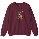 Stay Weird Sweatshirt Hand-Drawn Flounder & Mouse Toy Hug Crewneck, shown in Maroon