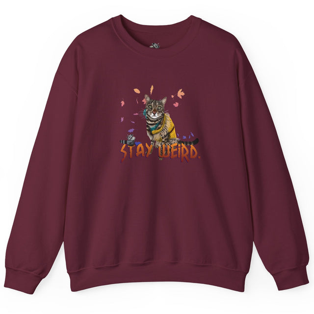Stay Weird Sweatshirt Hand-Drawn Flounder & Mouse Toy Hug Crewneck, shown in Maroon