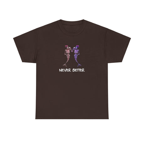 Never Better skeleton mermaids graphic tee in dark chocolate