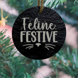 Feline Festive Round Slate Cat Christmas Ornament