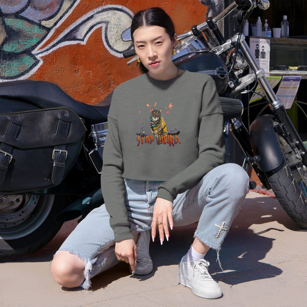 Stay Weird Cropped Sweatshirt — Flocahontas & Mouse Toy Artwork