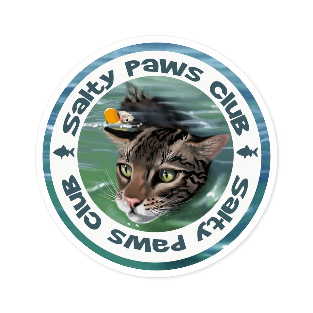 Salty Paws Club Sticker — Flounder the Purrmaid & Life‑Vest Mouse Toy (Indoor/Outdoor Round Sticker)
