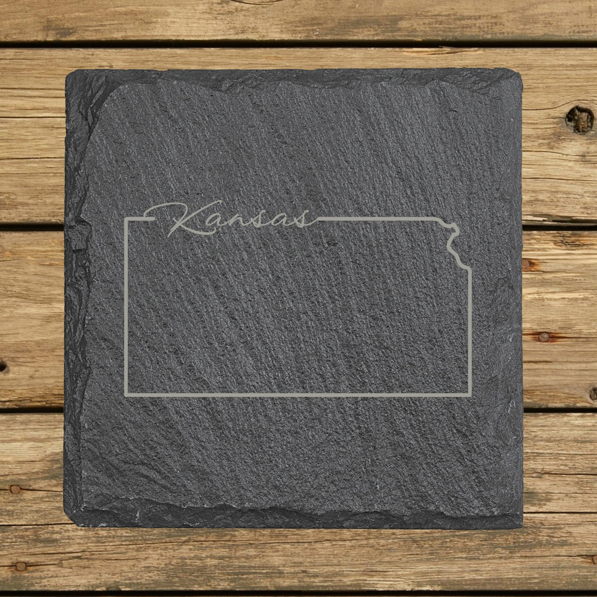 Kansas Slate Coaster Set – Engraved Natural Stone (Set of 4)