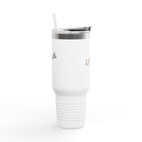40oz Insulated Travel Mug — Flounder Pressing 'RUDE' Button (Hand-Drawn)
