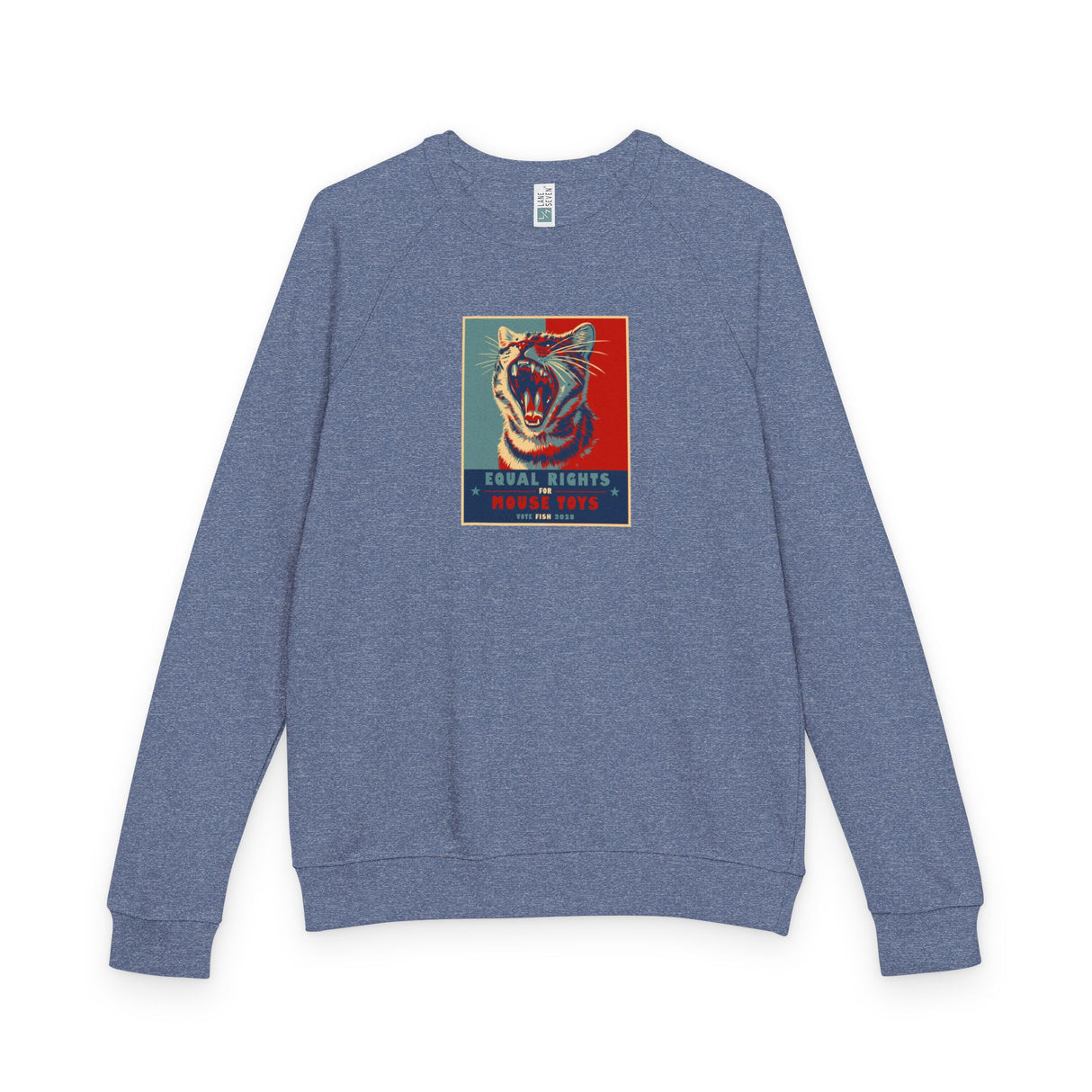 Vote Fish 2028 Raglan Crewneck — Funny 'Equal Rights for Mouse Toys' Flounder Design