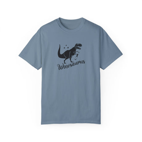 Wineosaurus t-shirt in ice blue with a T-rex holding a wine glass