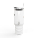 40oz Insulated Travel Mug — Flounder Pressing 'RUDE' Button (Hand-Drawn)