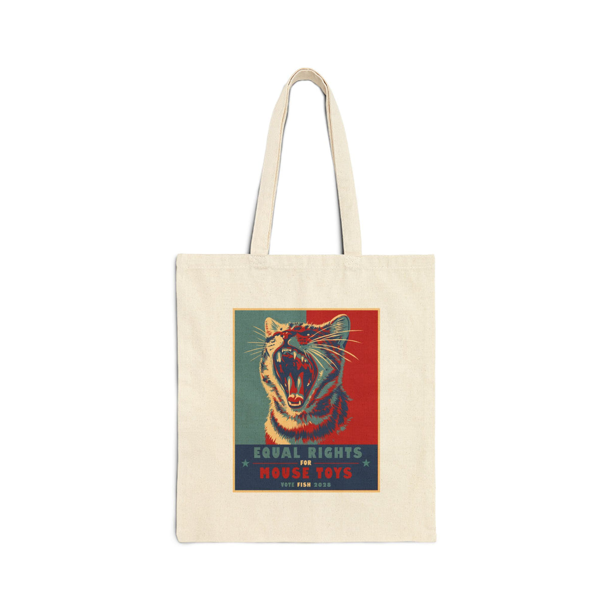 Vote Fish 2028 Cotton Canvas Tote — "Equal Rights for Mouse Toys" Flounder Purrmaid Political Tote