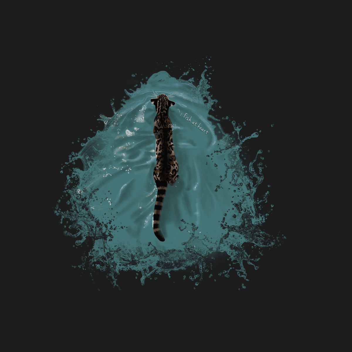 A dark-furred leopard or jaguar swims headfirst in a turquoise splash of water against a solid black background. A small white script watermark reading 'Pikachu' is visible near the top center of the splash.