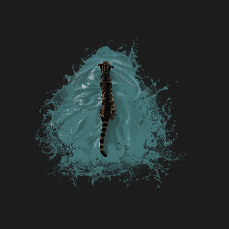 A dark-furred leopard or jaguar swims headfirst in a turquoise splash of water against a solid black background. A small white script watermark reading 'Pikachu' is visible near the top center of the splash.
