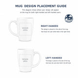 Diagram showing right handed and left handed design placement on the 16 oz ceramic mug