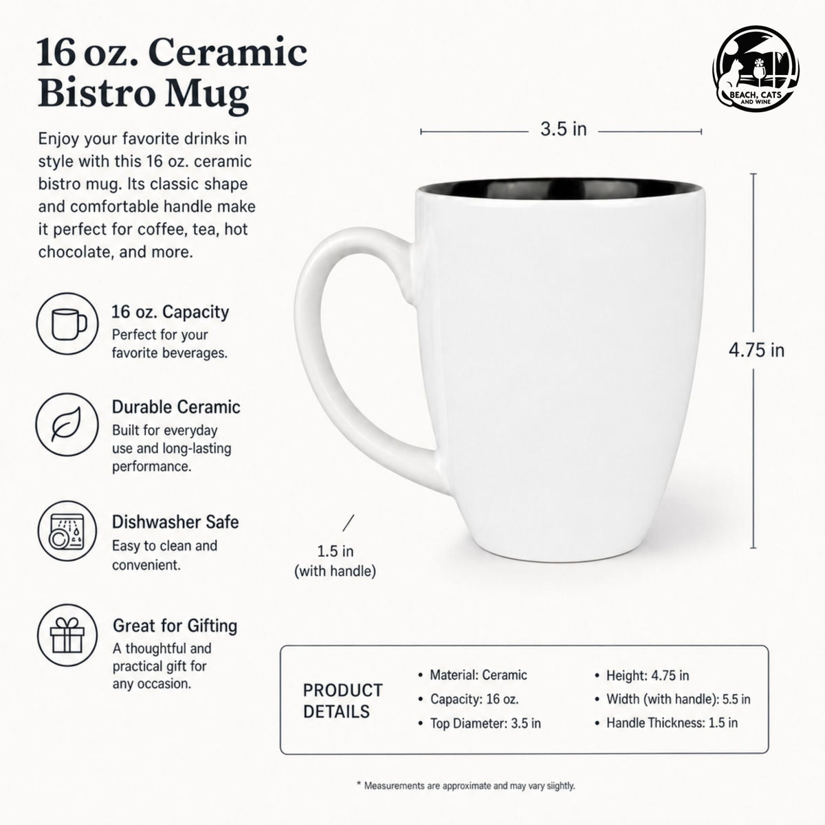 Size guide for the 16 oz ceramic bistro coffee mug