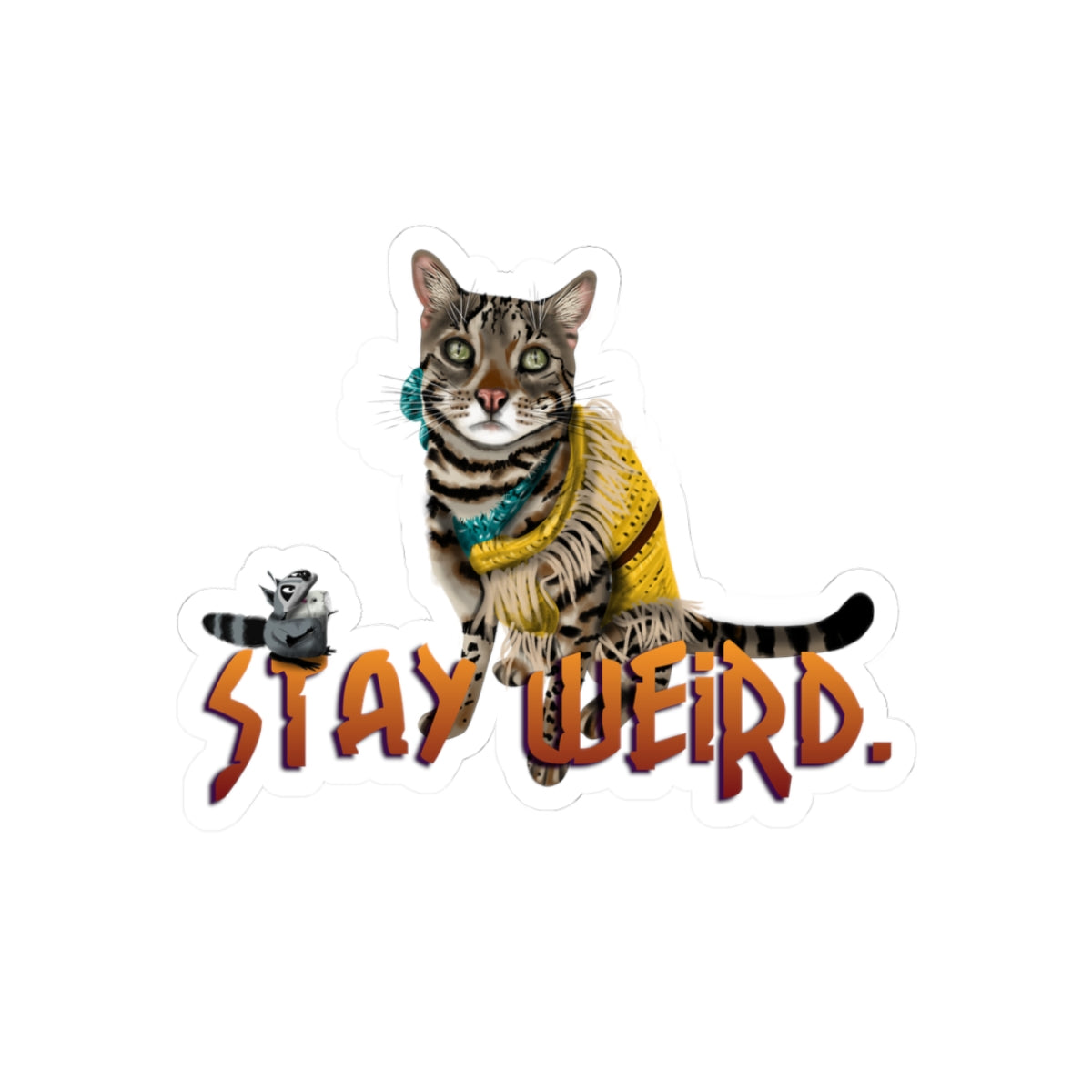 Stay Weird vinyl die cut sticker with hand-drawn Flocahontas and Mouse Toy