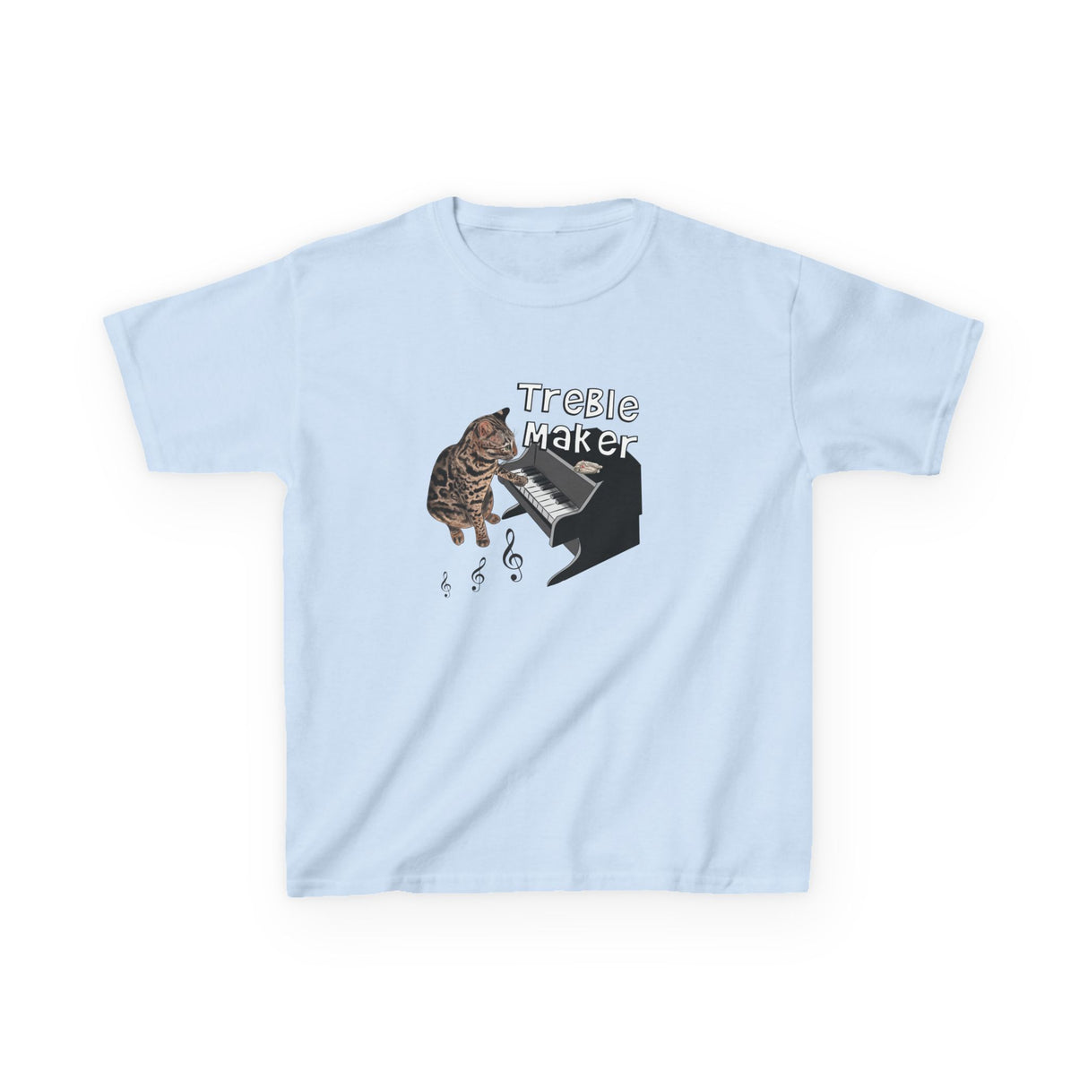 Kids Tee - Treble Maker Design Hand Drawn by Flounder's Mom, Nina Featuring Flounder the Purrmaid Playing Piano for Mouse Toy
