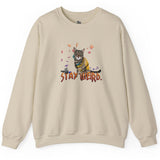 Stay Weird Sweatshirt Hand-Drawn Flounder & Mouse Toy Hug Crewneck, shown in Sand