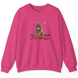 Stay Weird Sweatshirt Hand-Drawn Flounder & Mouse Toy Hug Crewneck, shown in Heliconia