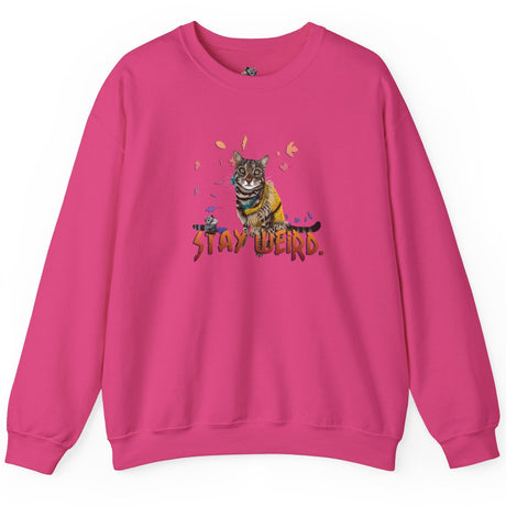Stay Weird Sweatshirt Hand-Drawn Flounder & Mouse Toy Hug Crewneck, shown in Heliconia
