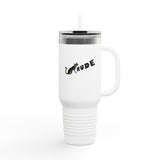 40oz Insulated Travel Mug — Flounder Pressing 'RUDE' Button (Hand-Drawn)