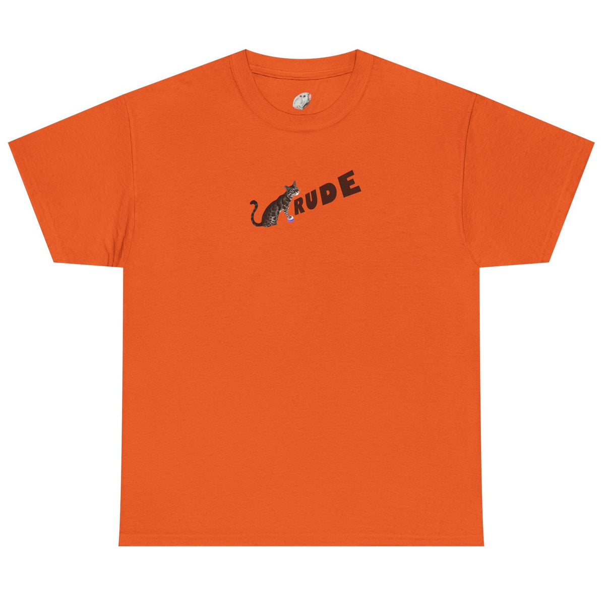 Flounder 'RUDE' Button Tee - Flounder the Eye-Rolling Cat T-Shirt, shown in Orange