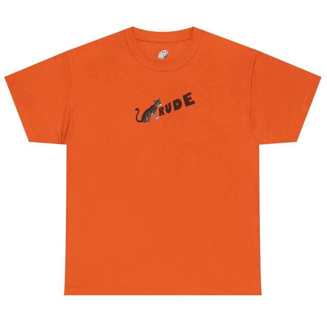 Flounder 'RUDE' Button Tee - Flounder the Eye-Rolling Cat T-Shirt, shown in Orange