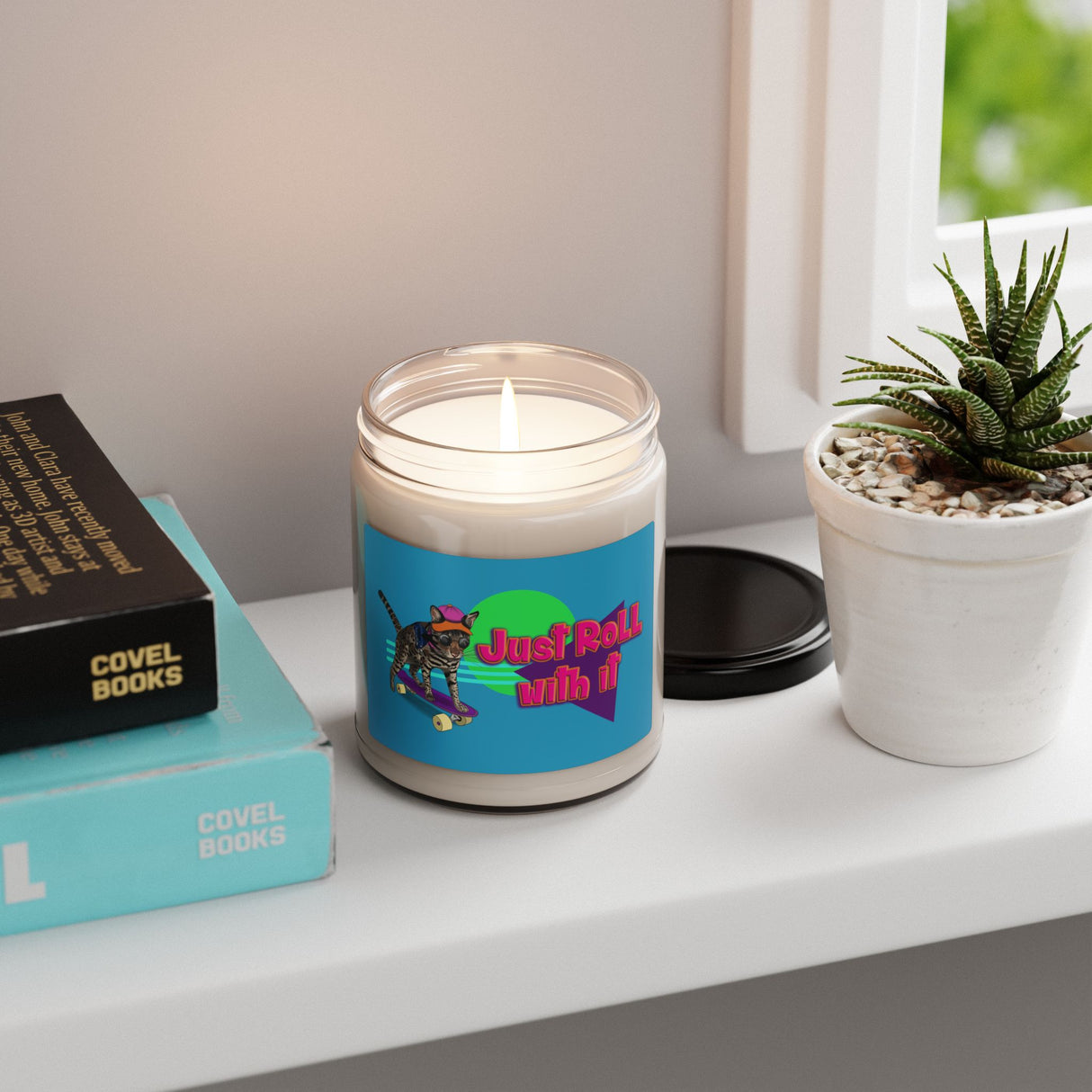 Soy Candle - Just Roll With It design featuring Flounder the Purrmaid on a Skateboard